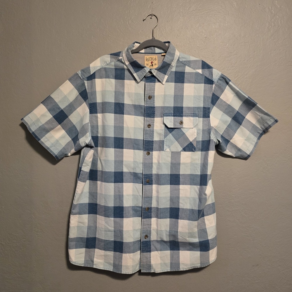 Red Head Blue Plaid Button Up Short Sleeve Shirt Outdoor Casual Spring Mens Sz L